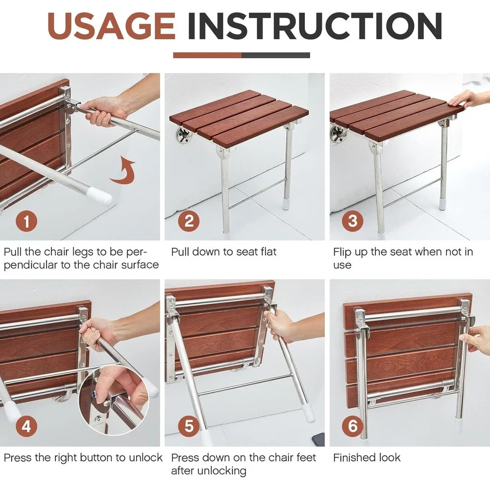 Geetery Folding Shower Seat Wall Mounted 18 Inch Wood Bench w/ Legs 400‎ lbs